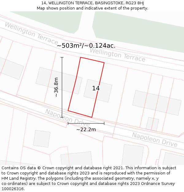 14, WELLINGTON TERRACE, BASINGSTOKE, RG23 8HJ: Plot and title map