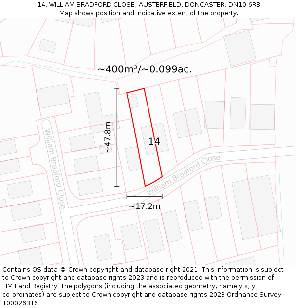 14, WILLIAM BRADFORD CLOSE, AUSTERFIELD, DONCASTER, DN10 6RB: Plot and title map