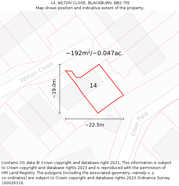 14, WILTON CLOSE, BLACKBURN, BB2 7FE: Plot and title map