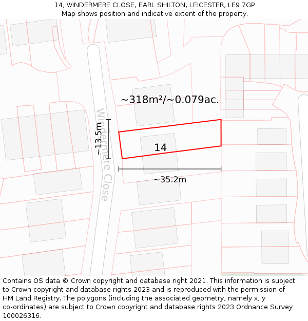 14, WINDERMERE CLOSE, EARL SHILTON, LEICESTER, LE9 7GP: Plot and title map