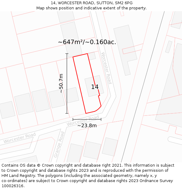 14, WORCESTER ROAD, SUTTON, SM2 6PG: Plot and title map