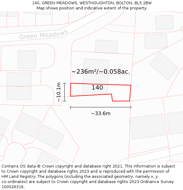 140, GREEN MEADOWS, WESTHOUGHTON, BOLTON, BL5 2BW: Plot and title map