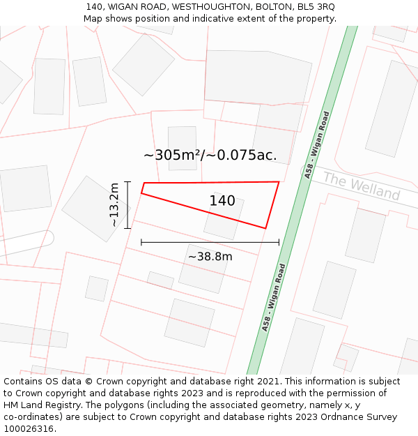 140, WIGAN ROAD, WESTHOUGHTON, BOLTON, BL5 3RQ: Plot and title map