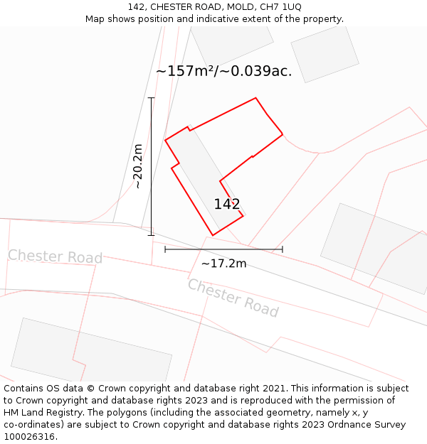 142, CHESTER ROAD, MOLD, CH7 1UQ: Plot and title map