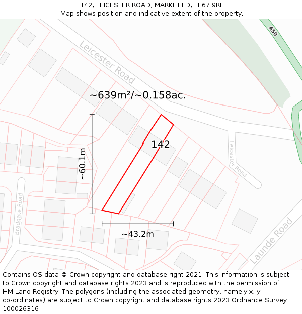 142, LEICESTER ROAD, MARKFIELD, LE67 9RE: Plot and title map
