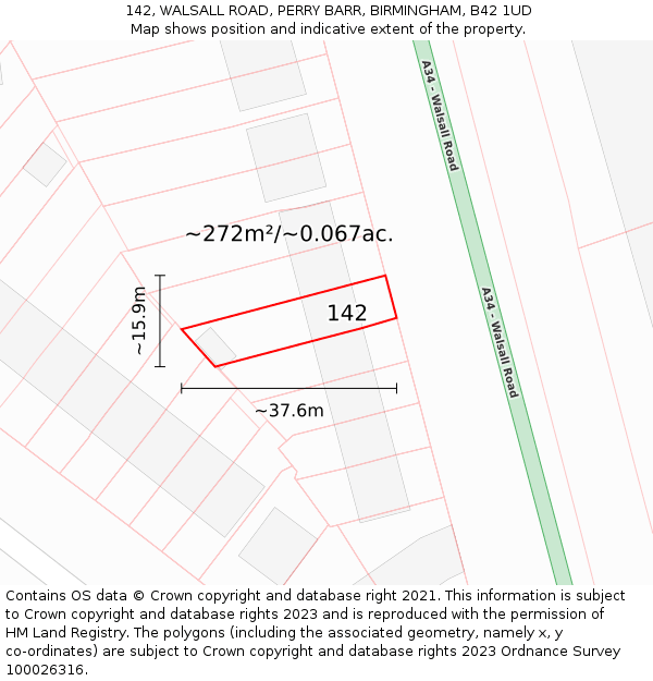 142, WALSALL ROAD, PERRY BARR, BIRMINGHAM, B42 1UD: Plot and title map