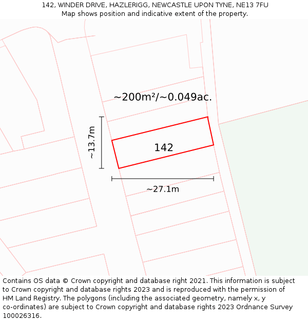 142, WINDER DRIVE, HAZLERIGG, NEWCASTLE UPON TYNE, NE13 7FU: Plot and title map