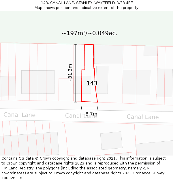 143, CANAL LANE, STANLEY, WAKEFIELD, WF3 4EE: Plot and title map