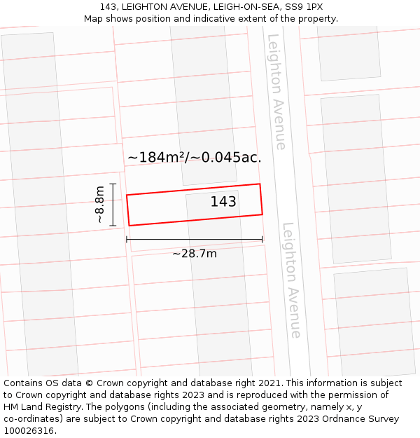 143, LEIGHTON AVENUE, LEIGH-ON-SEA, SS9 1PX: Plot and title map