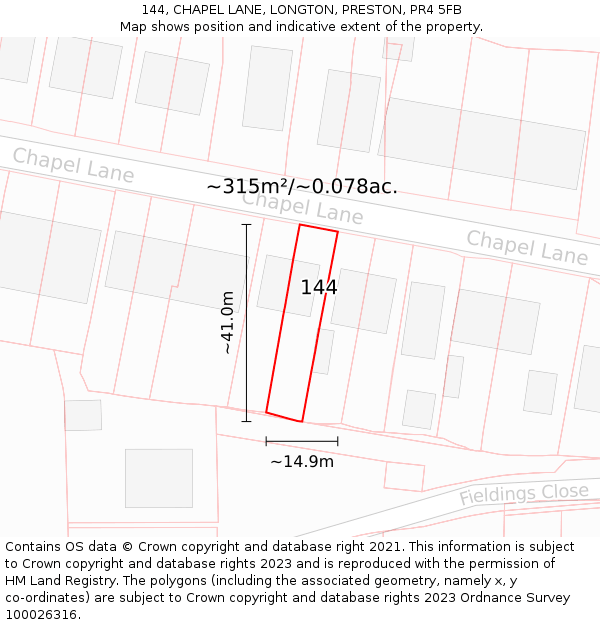 144, CHAPEL LANE, LONGTON, PRESTON, PR4 5FB: Plot and title map