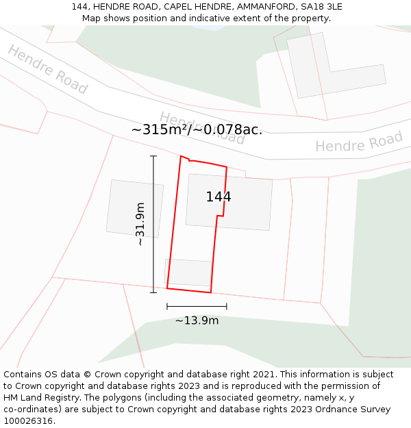 144, HENDRE ROAD, CAPEL HENDRE, AMMANFORD, SA18 3LE: Plot and title map