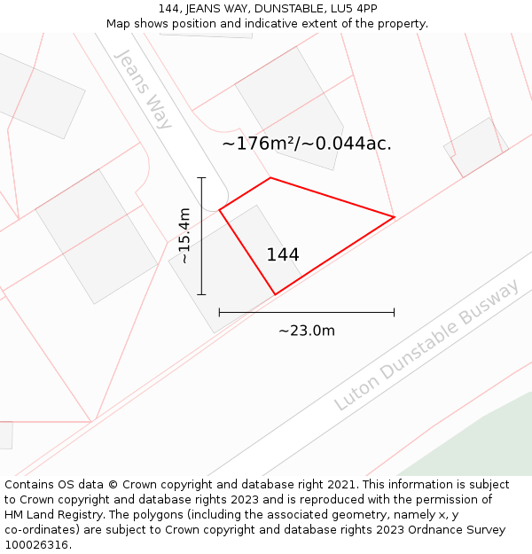 144, JEANS WAY, DUNSTABLE, LU5 4PP: Plot and title map