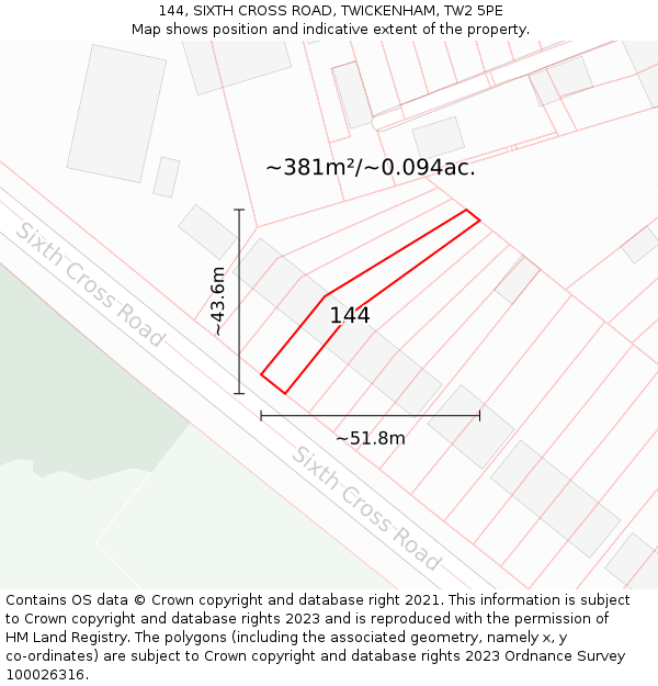 144, SIXTH CROSS ROAD, TWICKENHAM, TW2 5PE: Plot and title map