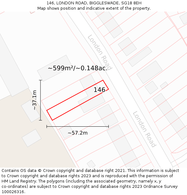 146, LONDON ROAD, BIGGLESWADE, SG18 8EH: Plot and title map