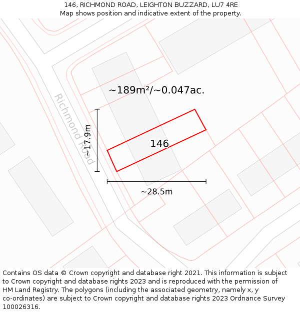 146, RICHMOND ROAD, LEIGHTON BUZZARD, LU7 4RE: Plot and title map