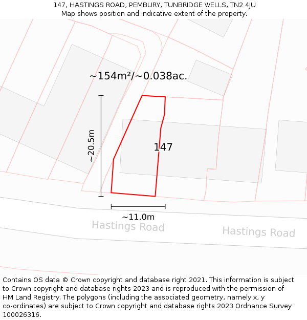 147, HASTINGS ROAD, PEMBURY, TUNBRIDGE WELLS, TN2 4JU: Plot and title map