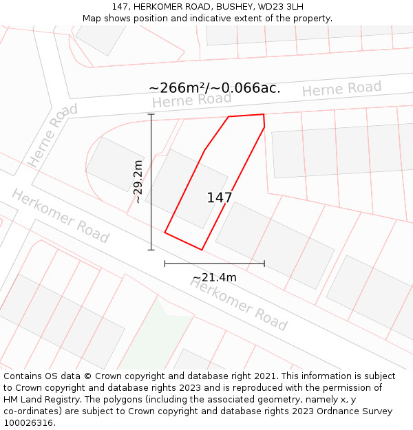 147, HERKOMER ROAD, BUSHEY, WD23 3LH: Plot and title map