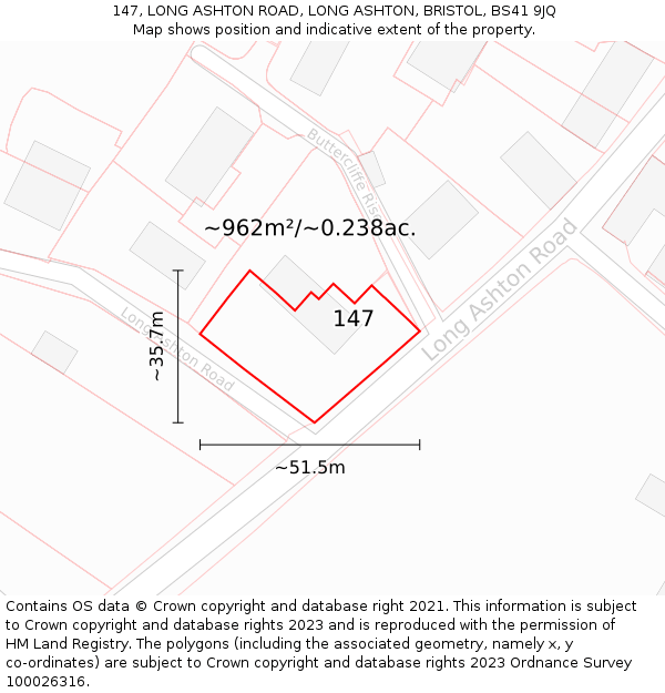 147, LONG ASHTON ROAD, LONG ASHTON, BRISTOL, BS41 9JQ: Plot and title map