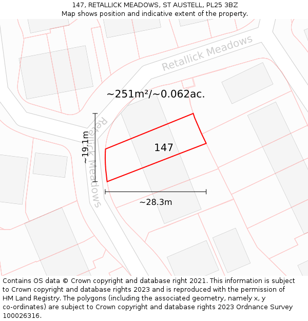 147, RETALLICK MEADOWS, ST AUSTELL, PL25 3BZ: Plot and title map