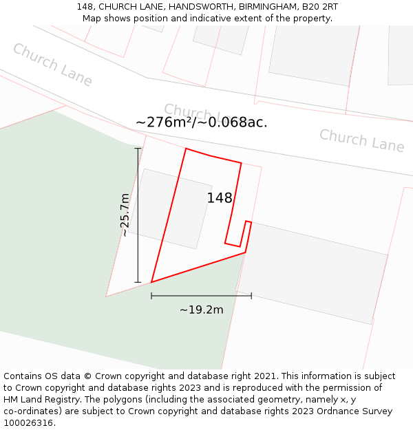 148, CHURCH LANE, HANDSWORTH, BIRMINGHAM, B20 2RT: Plot and title map