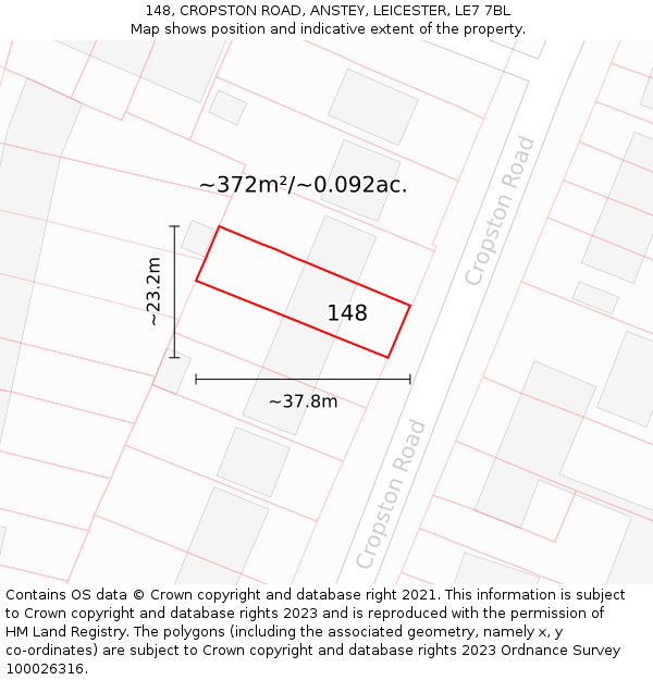 148, CROPSTON ROAD, ANSTEY, LEICESTER, LE7 7BL: Plot and title map