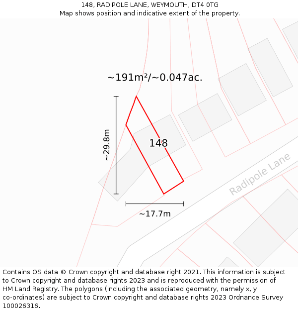 148, RADIPOLE LANE, WEYMOUTH, DT4 0TG: Plot and title map