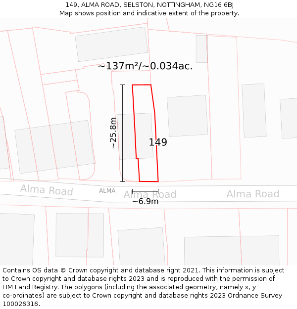 149, ALMA ROAD, SELSTON, NOTTINGHAM, NG16 6BJ: Plot and title map