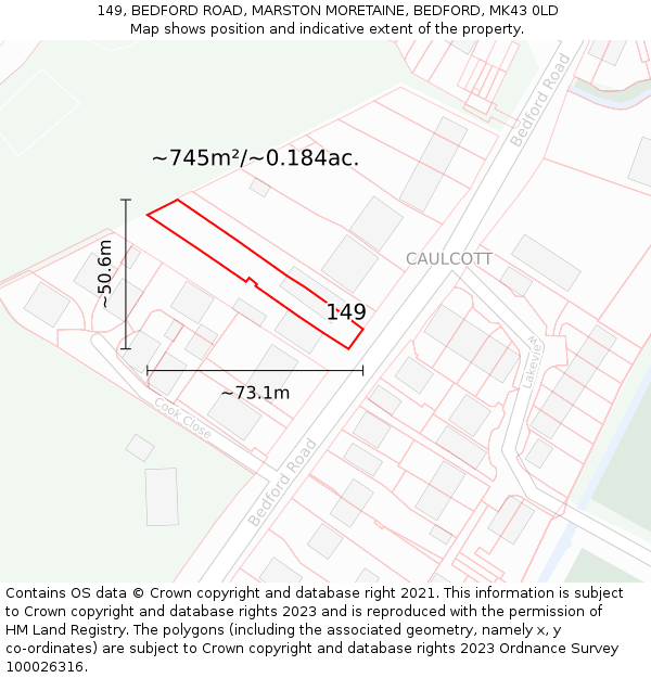 149, BEDFORD ROAD, MARSTON MORETAINE, BEDFORD, MK43 0LD: Plot and title map