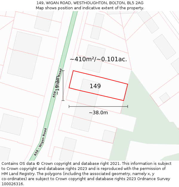 149, WIGAN ROAD, WESTHOUGHTON, BOLTON, BL5 2AG: Plot and title map