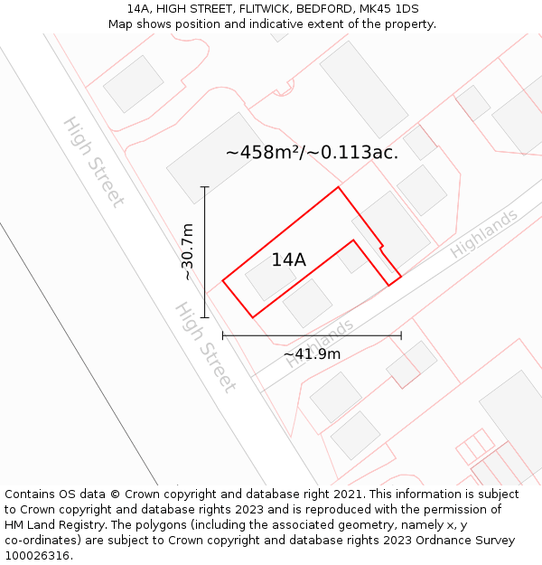 14A, HIGH STREET, FLITWICK, BEDFORD, MK45 1DS: Plot and title map