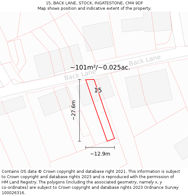 15, BACK LANE, STOCK, INGATESTONE, CM4 9DF: Plot and title map