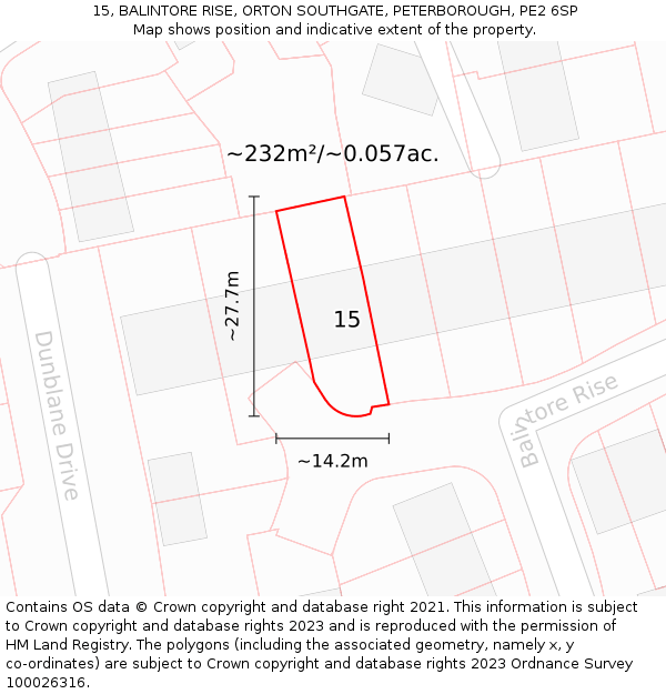 15, BALINTORE RISE, ORTON SOUTHGATE, PETERBOROUGH, PE2 6SP: Plot and title map