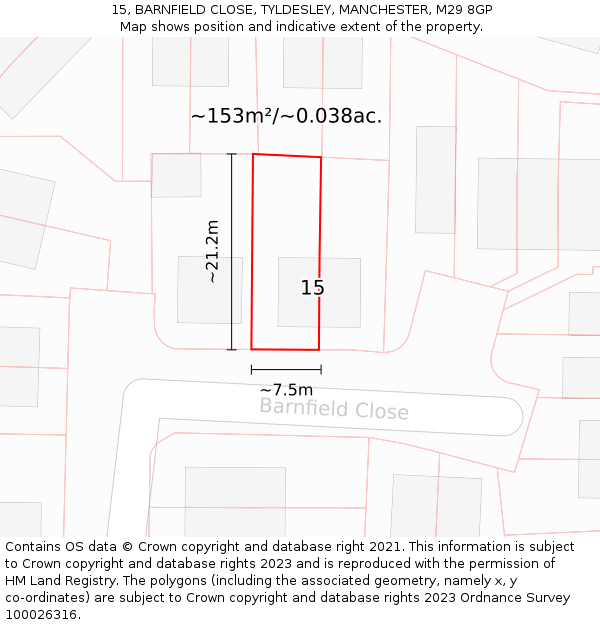 15, BARNFIELD CLOSE, TYLDESLEY, MANCHESTER, M29 8GP: Plot and title map