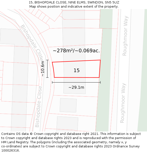 15, BISHOPDALE CLOSE, NINE ELMS, SWINDON, SN5 5UZ: Plot and title map