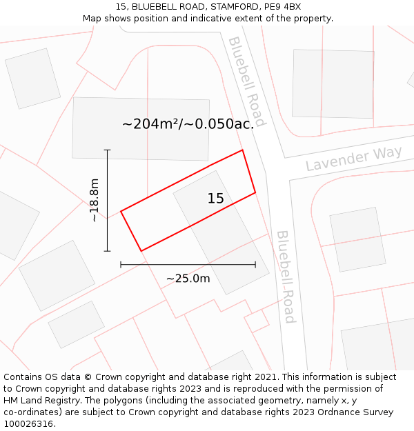 15, BLUEBELL ROAD, STAMFORD, PE9 4BX: Plot and title map