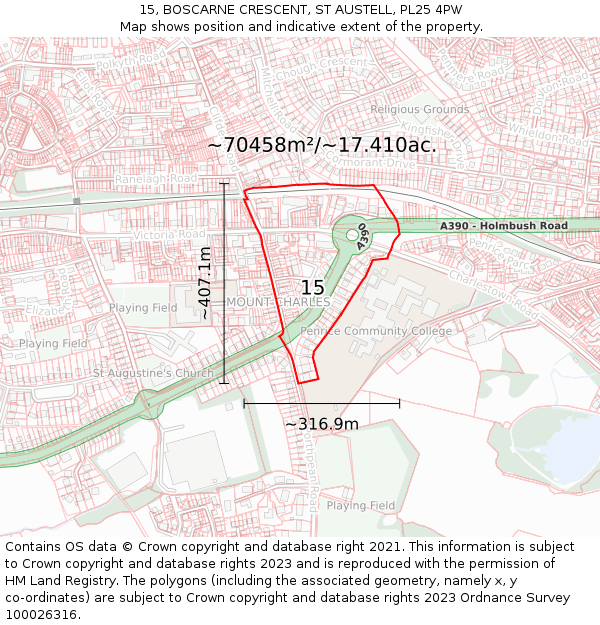 15, BOSCARNE CRESCENT, ST AUSTELL, PL25 4PW: Plot and title map