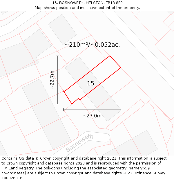 15, BOSNOWETH, HELSTON, TR13 8FP: Plot and title map