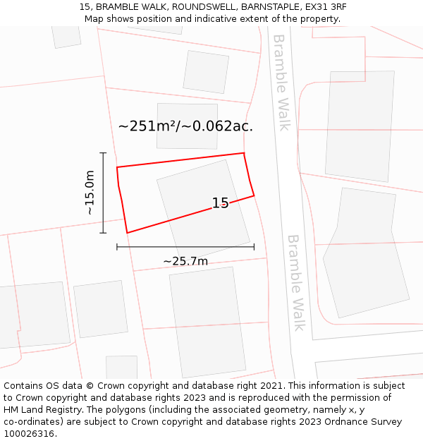 15, BRAMBLE WALK, ROUNDSWELL, BARNSTAPLE, EX31 3RF: Plot and title map