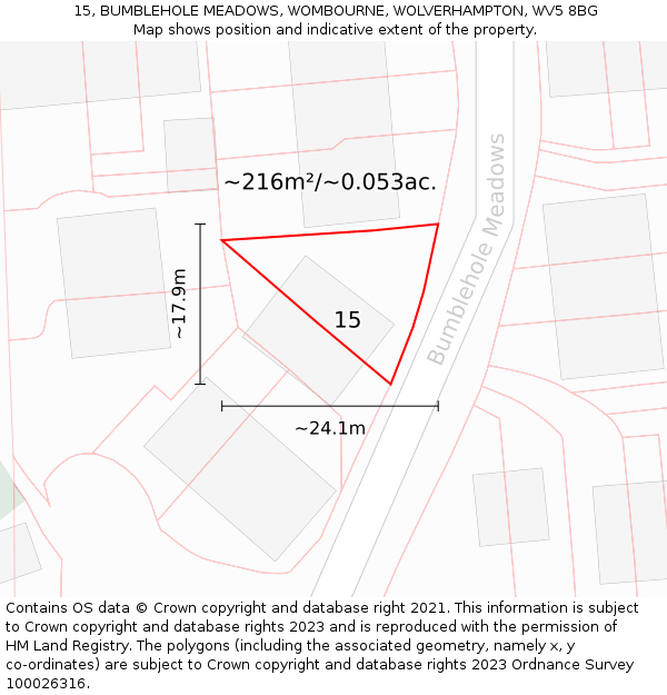 15, BUMBLEHOLE MEADOWS, WOMBOURNE, WOLVERHAMPTON, WV5 8BG: Plot and title map