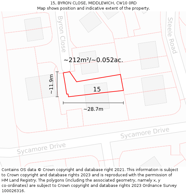 15, BYRON CLOSE, MIDDLEWICH, CW10 0RD: Plot and title map