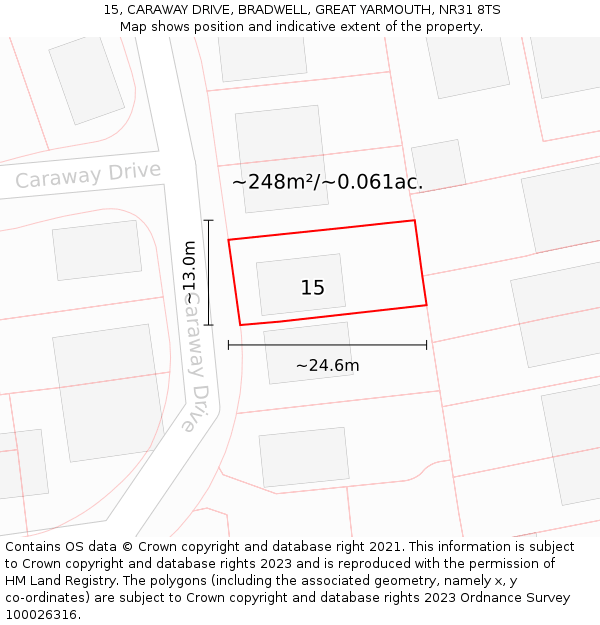 15, CARAWAY DRIVE, BRADWELL, GREAT YARMOUTH, NR31 8TS: Plot and title map