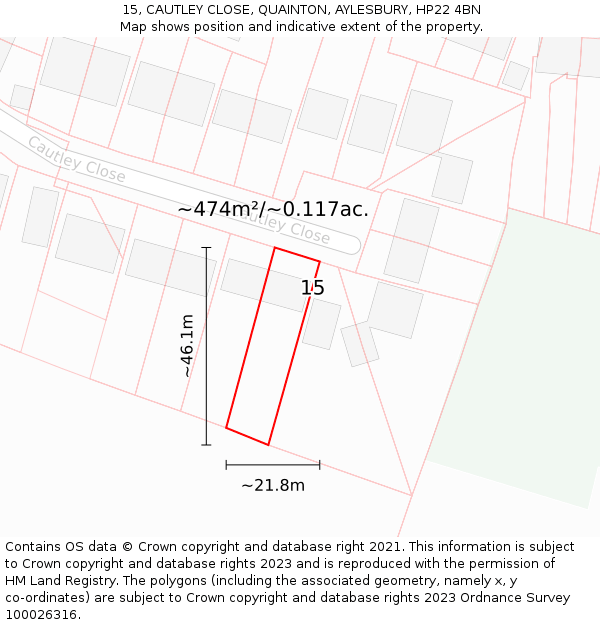 15, CAUTLEY CLOSE, QUAINTON, AYLESBURY, HP22 4BN: Plot and title map