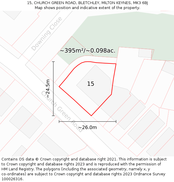 15, CHURCH GREEN ROAD, BLETCHLEY, MILTON KEYNES, MK3 6BJ: Plot and title map