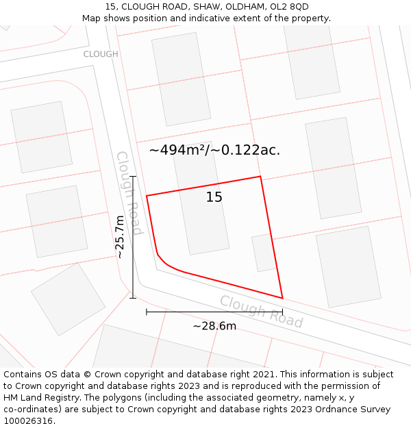 15, CLOUGH ROAD, SHAW, OLDHAM, OL2 8QD: Plot and title map