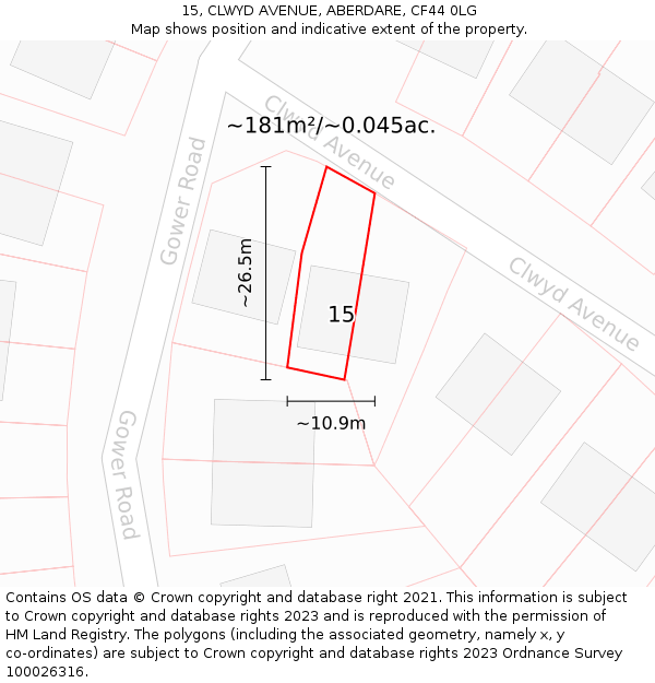 15, CLWYD AVENUE, ABERDARE, CF44 0LG: Plot and title map