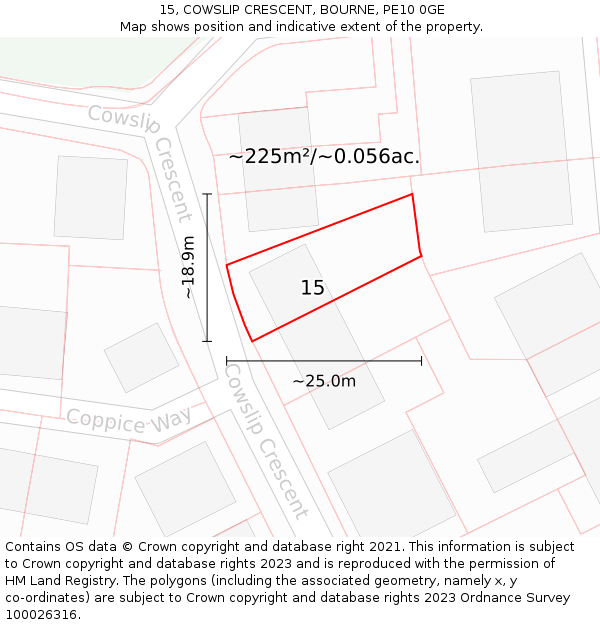 15, COWSLIP CRESCENT, BOURNE, PE10 0GE: Plot and title map