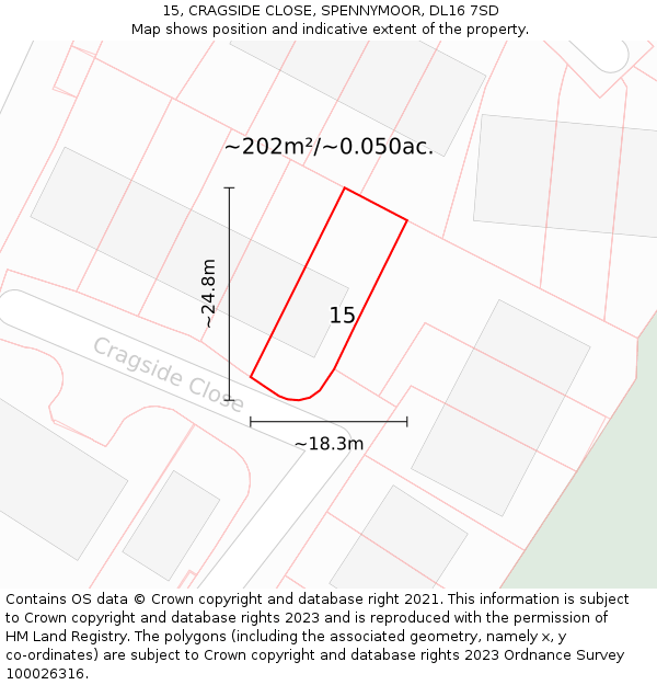 15, CRAGSIDE CLOSE, SPENNYMOOR, DL16 7SD: Plot and title map