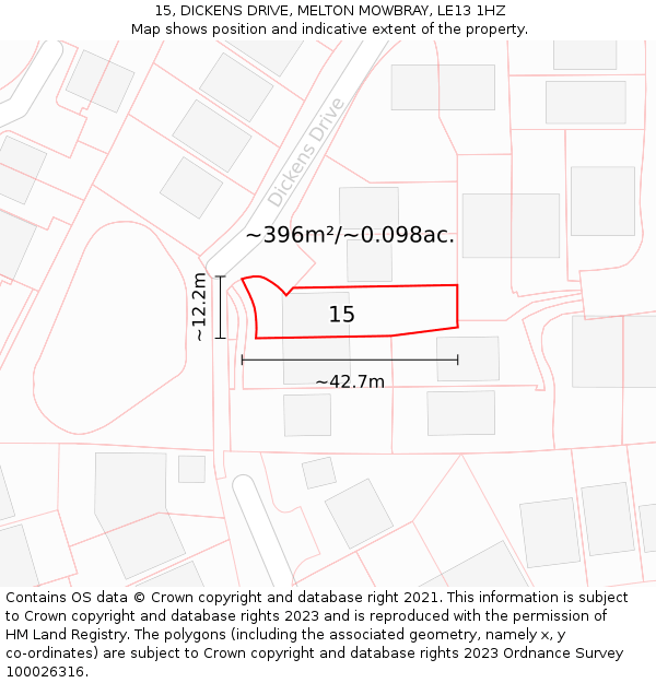 15, DICKENS DRIVE, MELTON MOWBRAY, LE13 1HZ: Plot and title map