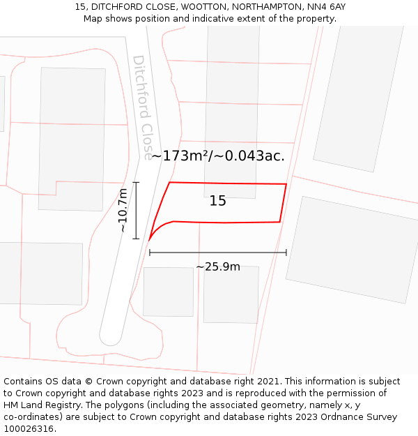 15, DITCHFORD CLOSE, WOOTTON, NORTHAMPTON, NN4 6AY: Plot and title map