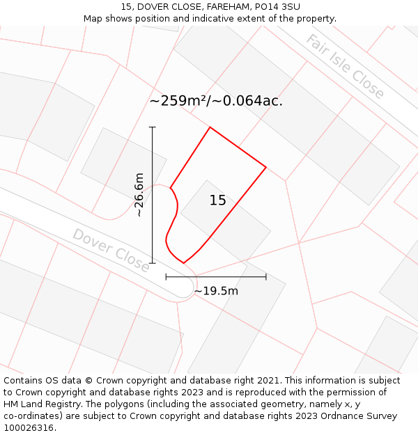 15, DOVER CLOSE, FAREHAM, PO14 3SU: Plot and title map